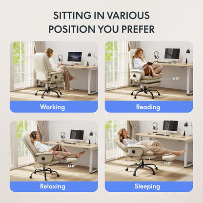 Luno 2-In-1 Chaise Lounge Chair Indoor with Wheels Footrest 90-165° Reclining Lumbar Support, Home Office Chairs for Living Room Bedroom Study Working Relaxing, Leather, Beige White