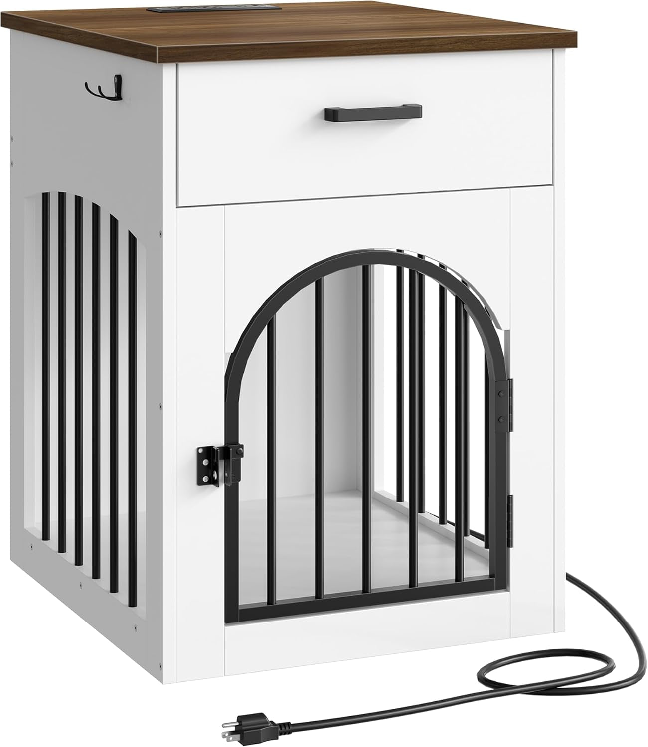 Dog Crate Furniture, Wooden Dog House with Charging Station and Storage Drawer, Indoor Pet Crate End Table for Small Breeds, for Living Room, Bedroom, White and Walnut MGW01UWL