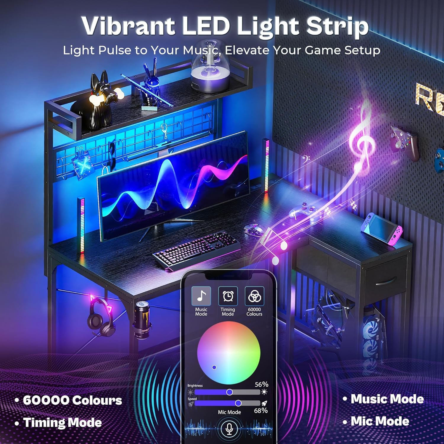 L Shaped Gaming Desk with Shelves, Corner Computer Table with LED Lights, Power Outlets and USB-C Ports, 42 Inch Reversible Home Office Desk with Storage Drawer, for Work and Study, Black