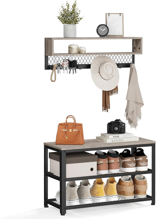 Coat Rack Shoe Bench Set, Hall Tree with Bench, Entryway Furniture, Multifunctional, Dot Coat Hooks, 2-Tier Shoe Rack, Industrial Style, for Entryway, Hallway, Heather Greige ULCR073K02