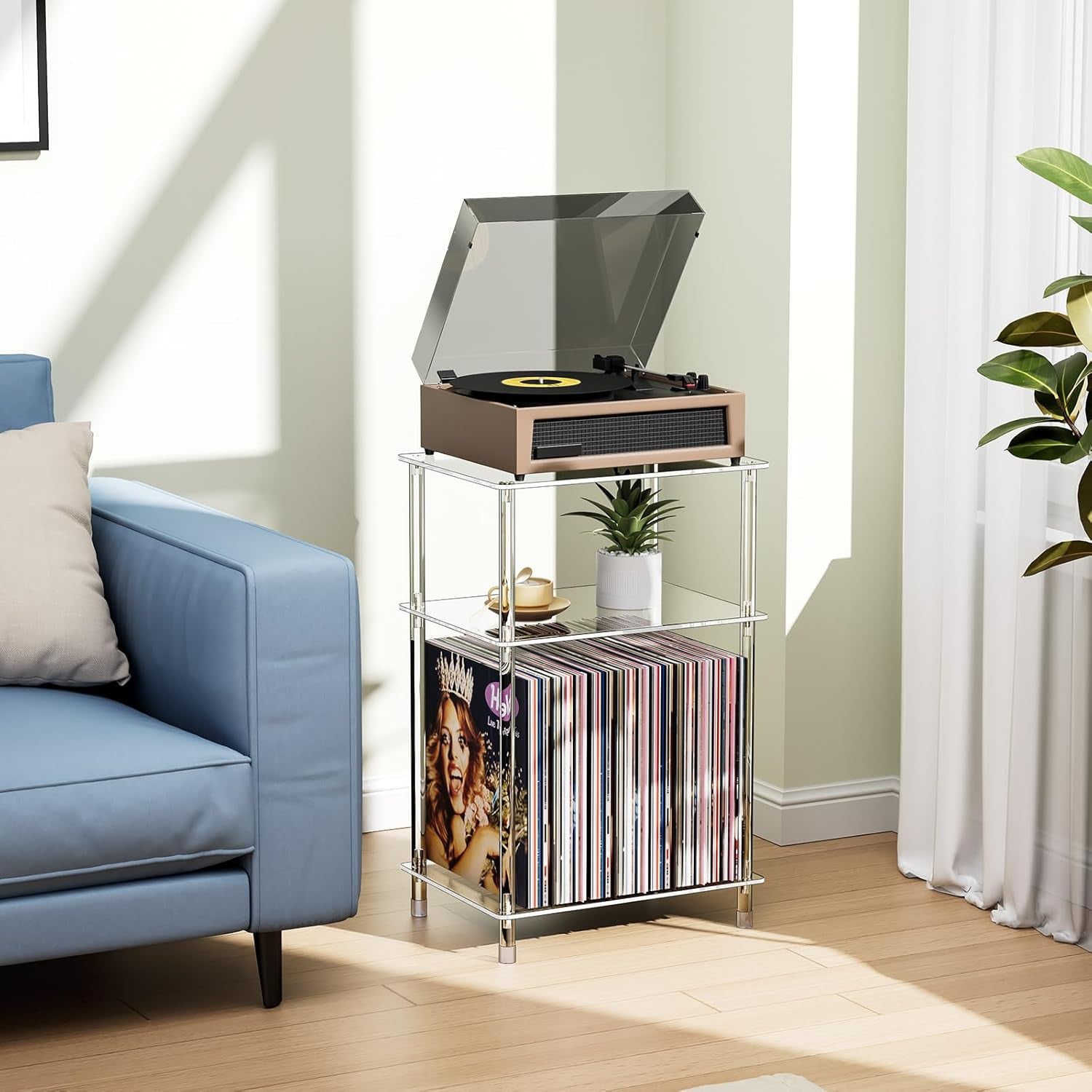Clear Acrylic Record Player Stand with Vinyl Storage, 15.75" L X 11.81" W X 24.5" H, 3 Tier Small Side Turntable Table with Album Shelf, Modern Bedside End Table for Living Room, Bedroom