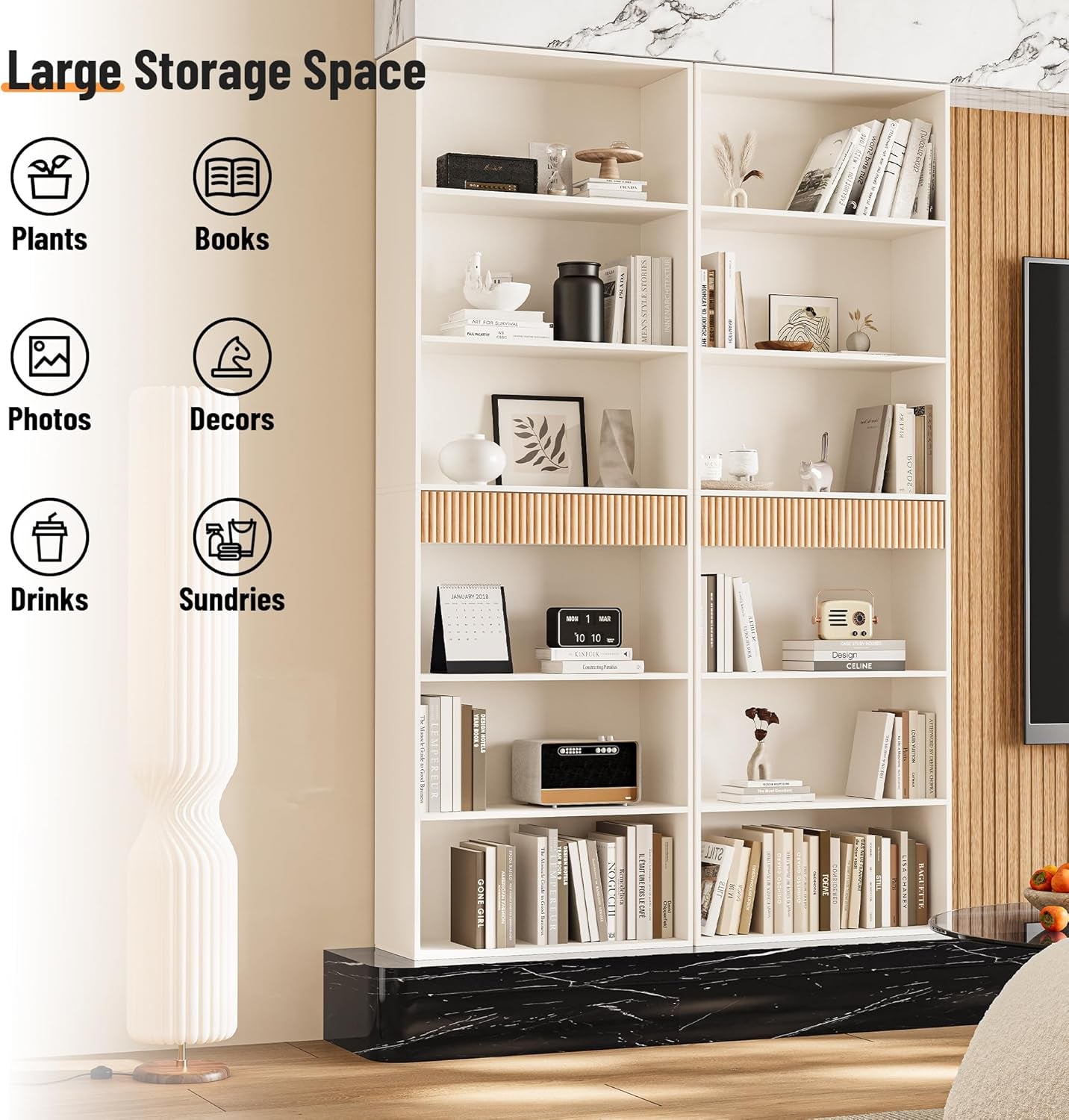 72" Tall Bookshelf with Storage, 7-Tier Bookcase Fluted with Drawer, Display Book Shelf Book Organizer with Anti-Tip Device, Home Decor Wood Furniture for Bedroom, Living Room and Office, White