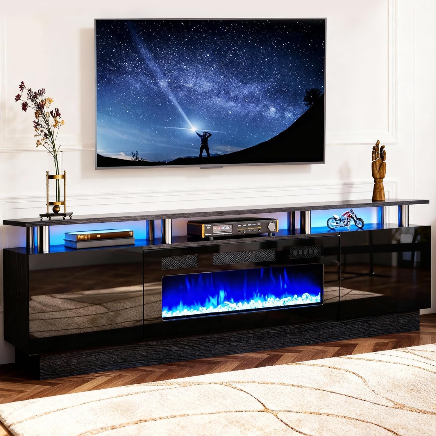 2 Tier TV Console Stand with 36" Electric Fireplace, LED Light Entertainment Center for Tvs up to 80" for the Living Room, 70", Black