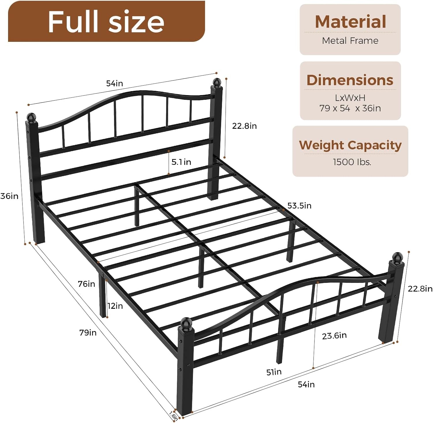 Metal Full Size Bed Frame with Headboard, Noise-Free Design & Underbed Storage Heavy Duty Bed Frames No Box Spring Needed/Tool-Free Assembly