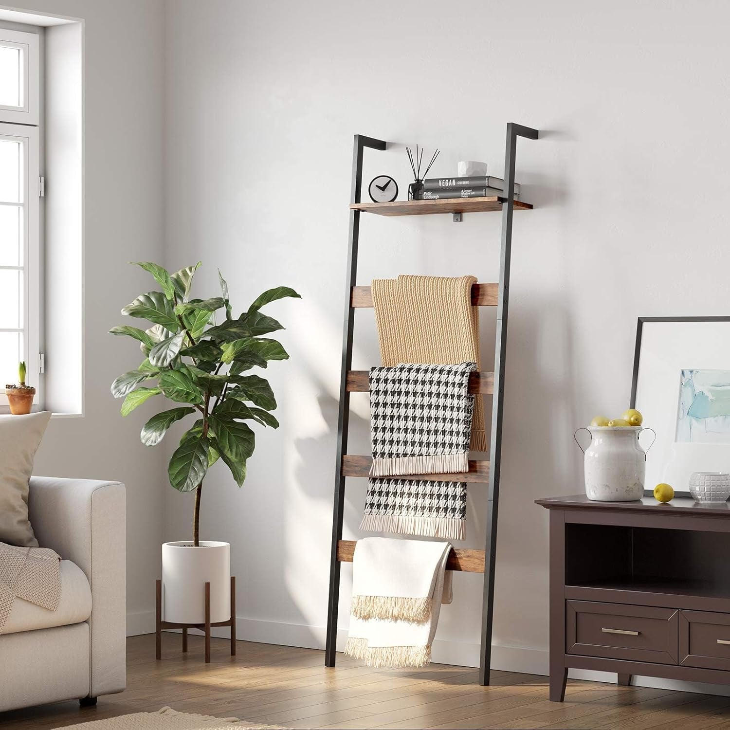 Blanket Ladder, Wall-Leaning Rack with Storage Shelf, for Blankets, Quilt, Towels, Scarves, Steel Frame, Industrial Style, Rustic Brown and Black ULLS012B01