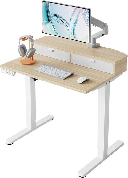 32 X 21 Inch Small Electric Standing Desk with 2 Drawers, C-Clamp Mount Compatible, Height Adjustable Sit Stand Desk, Home Office Stand up Desk with 4 Memory Height Settings, Light Walnut