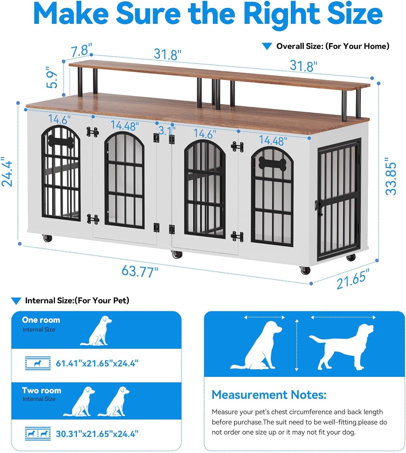 63" Dog Crate Furniture for 2 Dogs, XL Large Indoor Wooden Dog Kennel with Divider, 6 Lockable Wheels & Storage, Heavy Duty Modern Decorative Double Dog Cage TV Stand for Medium/Large Breed