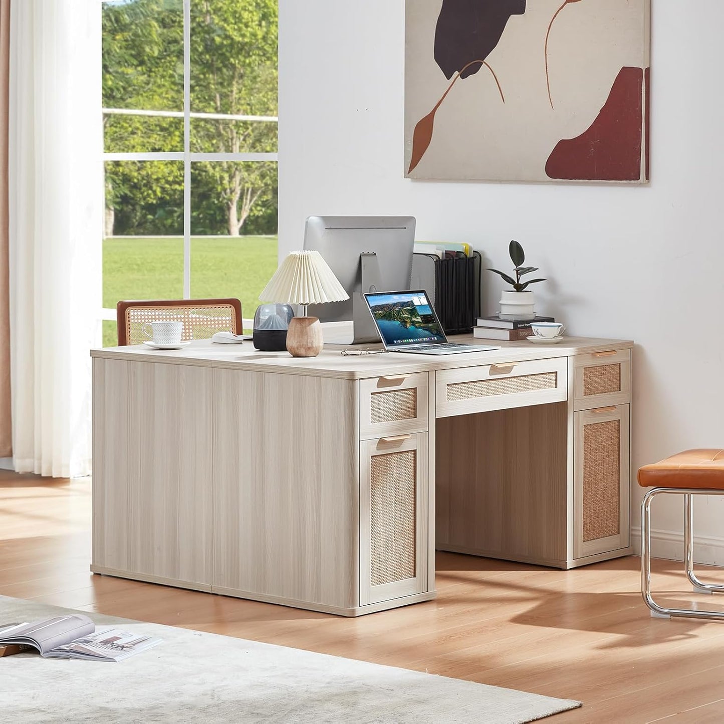 56'' Rattan Farmhouse Executive Desk with Drawers, Wood Home Office Desk with File Cabinet and Metal Handles, Large Vintage Computer Desk for Home, Bedroom, Living Room （Grey）