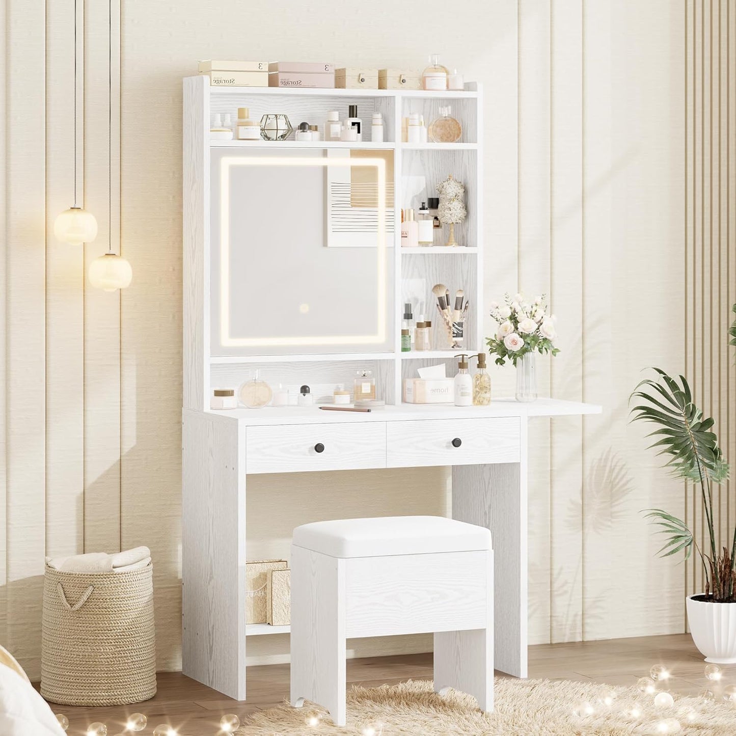 Vanity Desk with Mirror and LED Lights, Jewelry Cabinet, Makeup Dressing Table Set with Drawers, Storage Shelves, for Bedroom, 65.3 H White