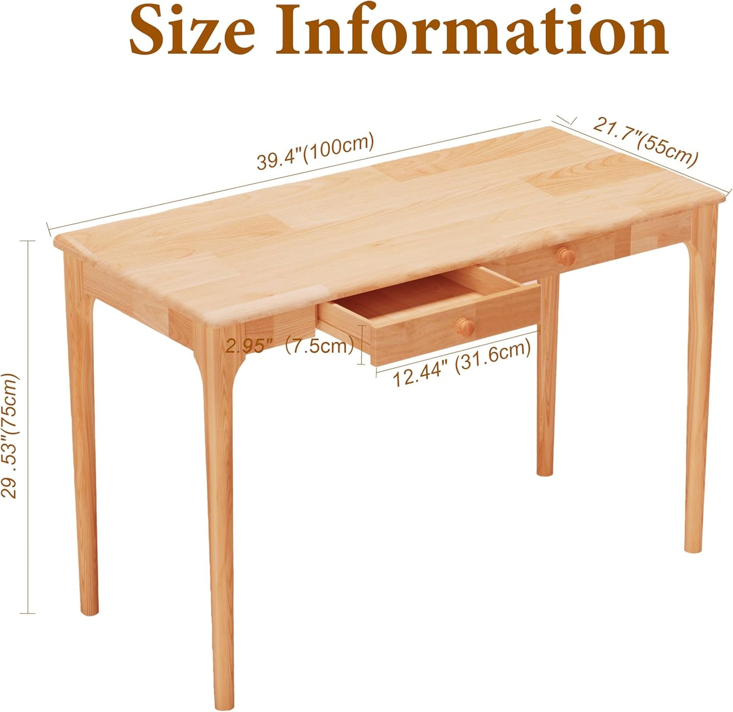 Natural Solid Wood Desk with Drawers,Mid Century Modern Real Wood 47" Writing Desk,Home Bedroom Computer Office Workstation Desks,Small Spaces,Wood Color