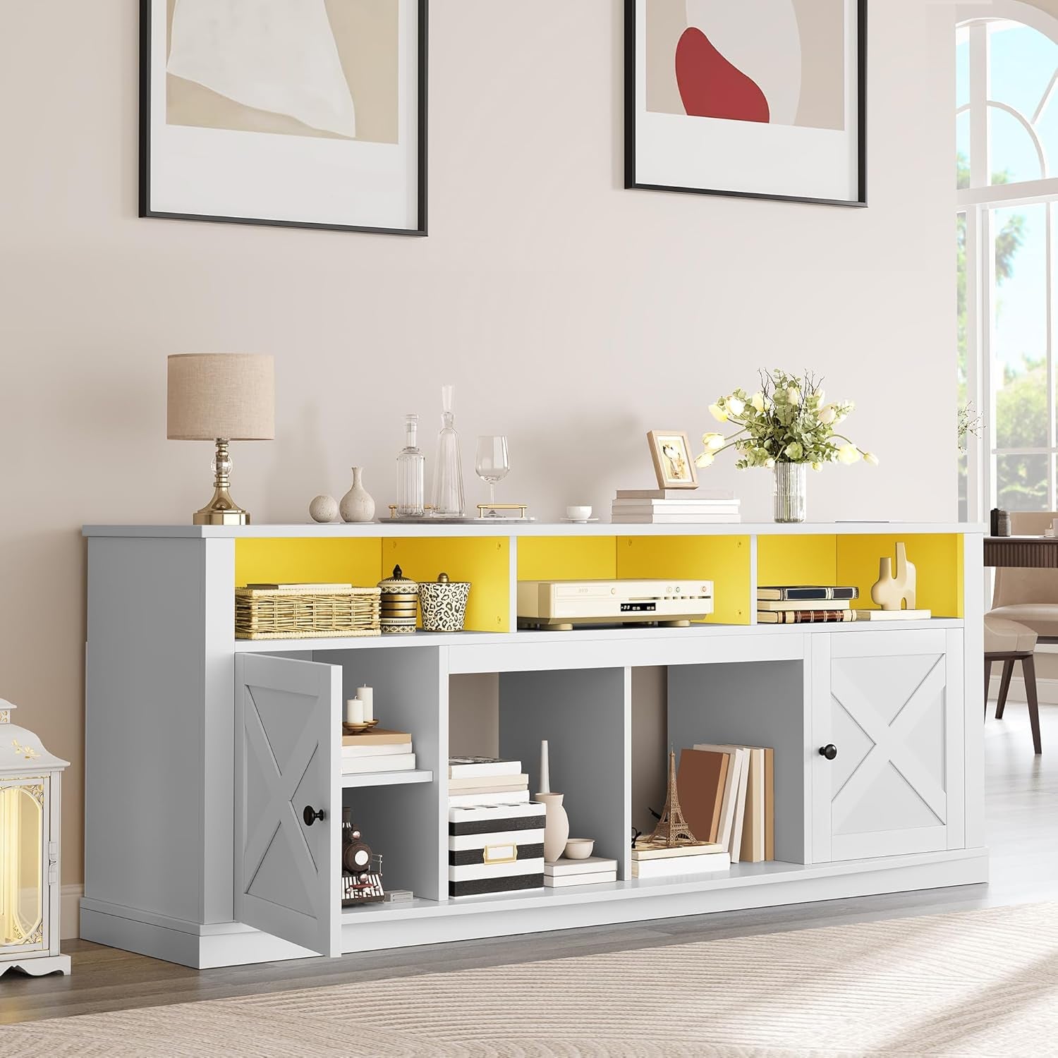 TV Stand for 75/80 Inch TV, White Entertainment Center 70 Inches Wide, Media Furniture TV Table with with Power Outlet, TV Consoles for Living Room, Curved Desktop