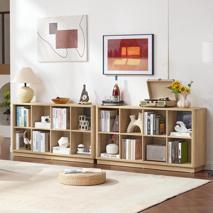 8 Cube Storage Book Shelf, 52" Long Horizontal Bookshelf with Curved Edge, Floor Standing Wooden Cubby Bookcase with Base, Modern Low Console Book Case, TV Stand for Living Room, Natural Oak