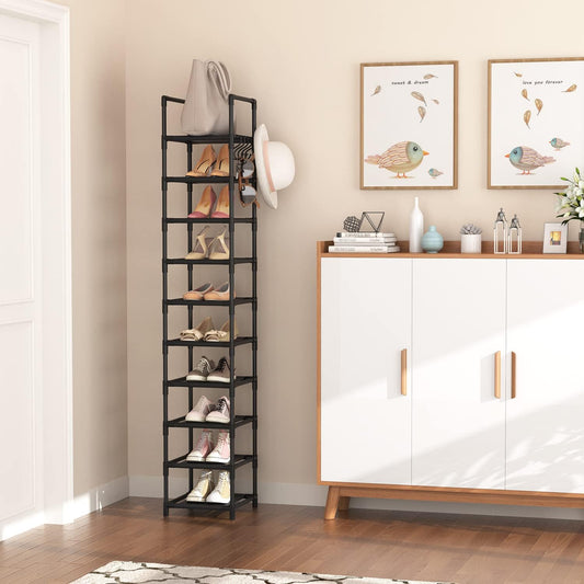 Tall Narrow Shoe Rack for Entryway, 10-Tier Sturdy Metal Shoe Shelf Storage 10-15 Pairs of Shoes and Boots, Space Saving Corner Shoe Rack Organizer for Closet,Doorway,Garage,Living Room