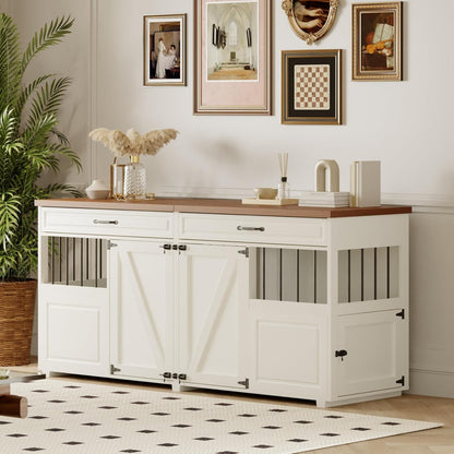 Dog Crate Furniture - Indoor Wood Dog Kennel Furniture 4 Doors with Divider and 2 Drawers - 72" L X 23.6" W X 33.5" H, White