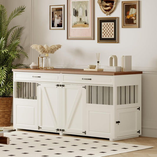 Dog Crate Furniture - Indoor Wood Dog Kennel Furniture 4 Doors with Divider and 2 Drawers - 72" L X 23.6" W X 33.5" H, White