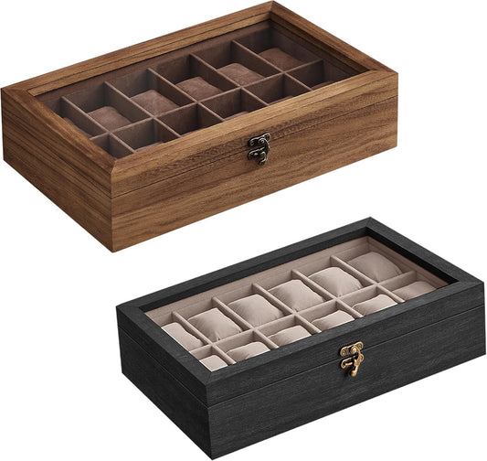 Watch Boxes Bundle, 12-Slot Watch Cases, Solid Wood Watch Box Organizers with Glass Lid, Removable Pillows, Gift for Loved Ones, Ebony Black and Rustic Walnut UJOW120B01 and UJOW120K01