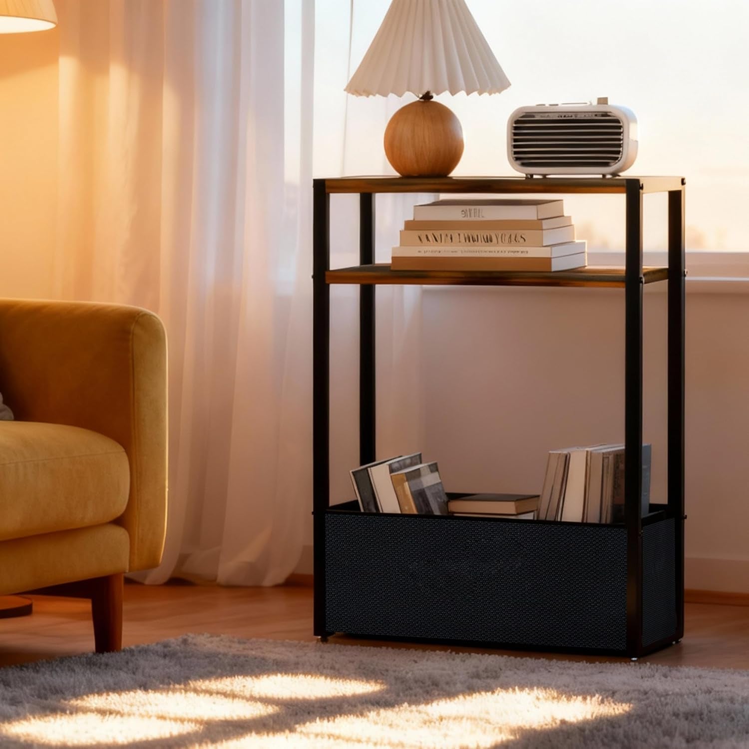 Narrow Side Table 15.7" - Slim Bedside Table with Storage Shelf & Basket, Space-Saving End Table for Studio/Dorm/Apartment, Modern Design Easy Assembly