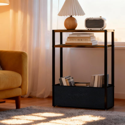 Narrow Side Table 15.7" - Slim Bedside Table with Storage Shelf & Basket, Space-Saving End Table for Studio/Dorm/Apartment, Modern Design Easy Assembly