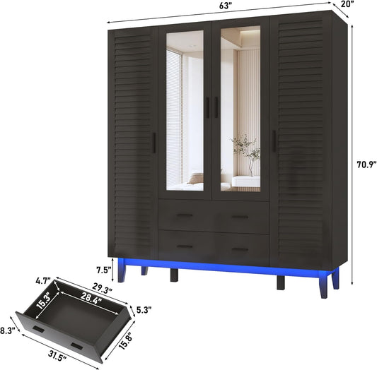 4 Door Armoire Wardrobe Closet Cabinet with Drawers and LED Lights, Multi-Tier Shelves, Hanging Rod & 4 Louver Doors, Large Capacity Storage Wardrobe Armoire for Bedroom, Black