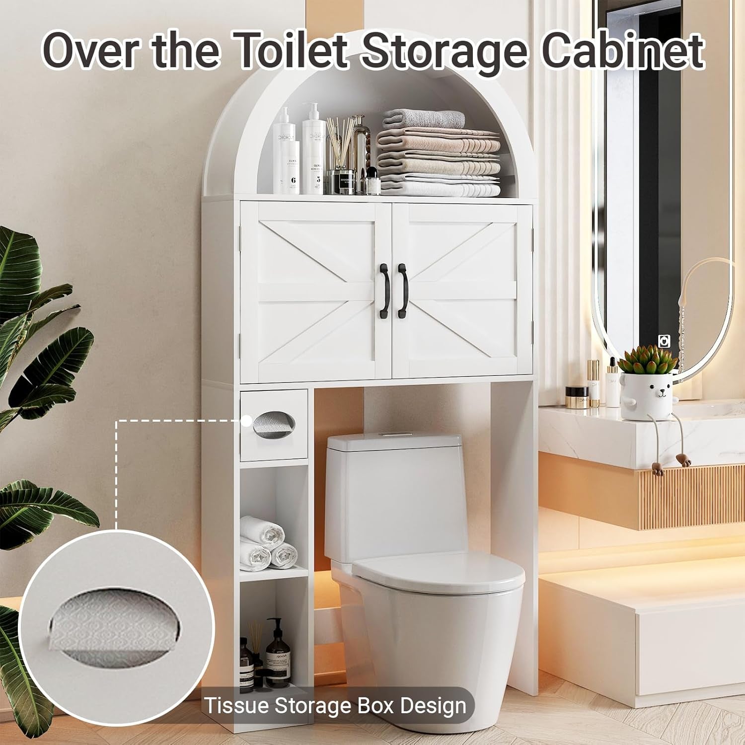 Over the Toilet Storage Cabinet, Farmhouse Bathroom Organizers and Storage with 2 Barn Door & Toilet Paper Holder Stand，Home Space-Saving Toilet Rack, for Bathroom, Restroom and Laundry, White