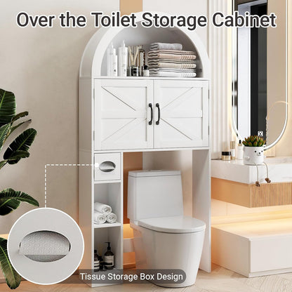 Over the Toilet Storage Cabinet, Farmhouse Bathroom Organizers and Storage with 2 Barn Door & Toilet Paper Holder Stand，Home Space-Saving Toilet Rack, for Bathroom, Restroom and Laundry, White