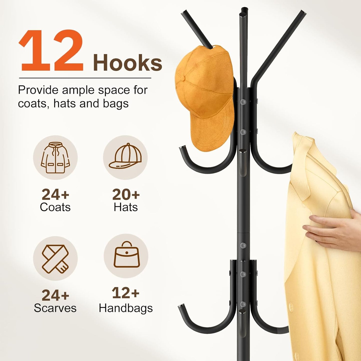 Heavy Duty Coat Rack Freestanding with Stable Wood Base Modern Black Coat Tree with 12 Hooks Adjustable Coats Hanger Stand Stylish Standing Clothes Tree for Entryway Bedroom Corner Hall