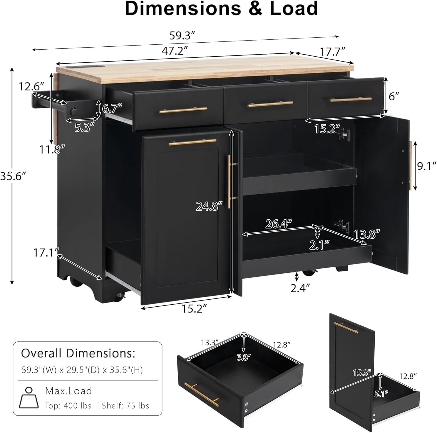 Rolling Kitchen Island with Drop Leaf & 2 Pull Out Cabinet Organizers,59.3" Stationary Kitchen Cart with Trash Can Storage,Power Outlet,Spice & Towel Rack,3 Drawers Island Table for Kitchen,Black