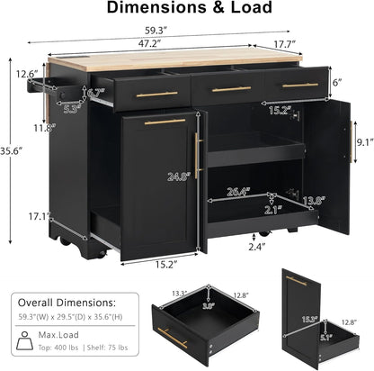 Rolling Kitchen Island with Drop Leaf & 2 Pull Out Cabinet Organizers,59.3" Stationary Kitchen Cart with Trash Can Storage,Power Outlet,Spice & Towel Rack,3 Drawers Island Table for Kitchen,Black
