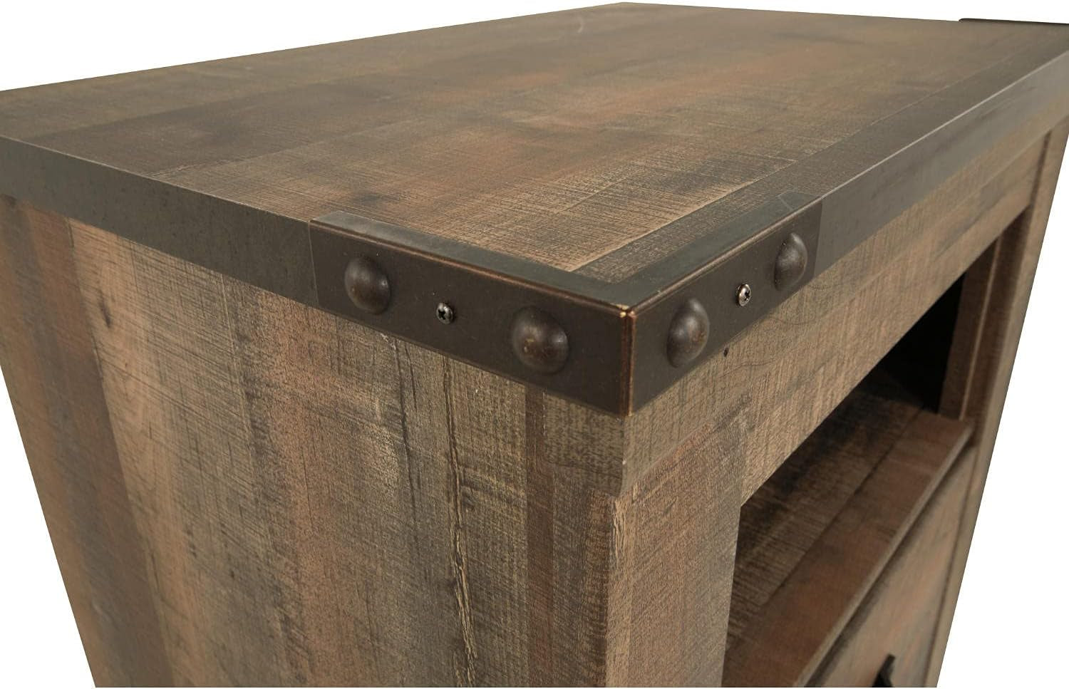 Signature Design by Ashley Trinell Rustic 1 Drawer Nightstand, USB Charing, Storage Cubby, Nailhead Accents, Wood, 24.72" W X 16.18" D X 26.22" H, Warm Brown