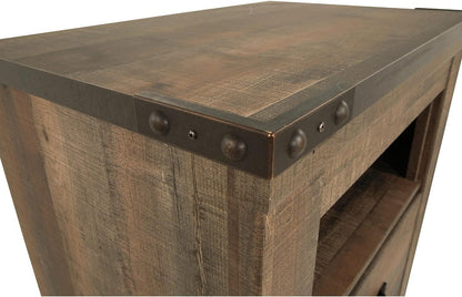 Signature Design by Ashley Trinell Rustic 1 Drawer Nightstand, USB Charing, Storage Cubby, Nailhead Accents, Wood, 24.72" W X 16.18" D X 26.22" H, Warm Brown