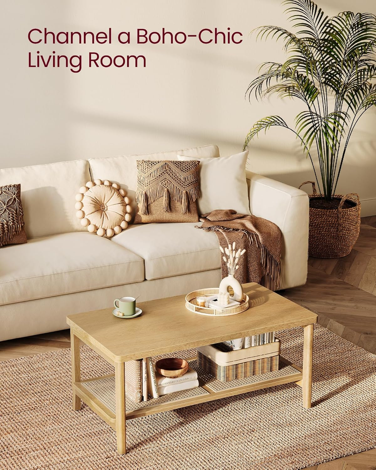 2-Tier Coffee Table for Living Room, Rectangular Living Room Table, with PVC Rattan Storage Shelf, Rounded Corners, Easy Assembly, Boho Style, 21.7 X 39.4 X 17.7 Inches, Oak Beige ULCT240Y57
