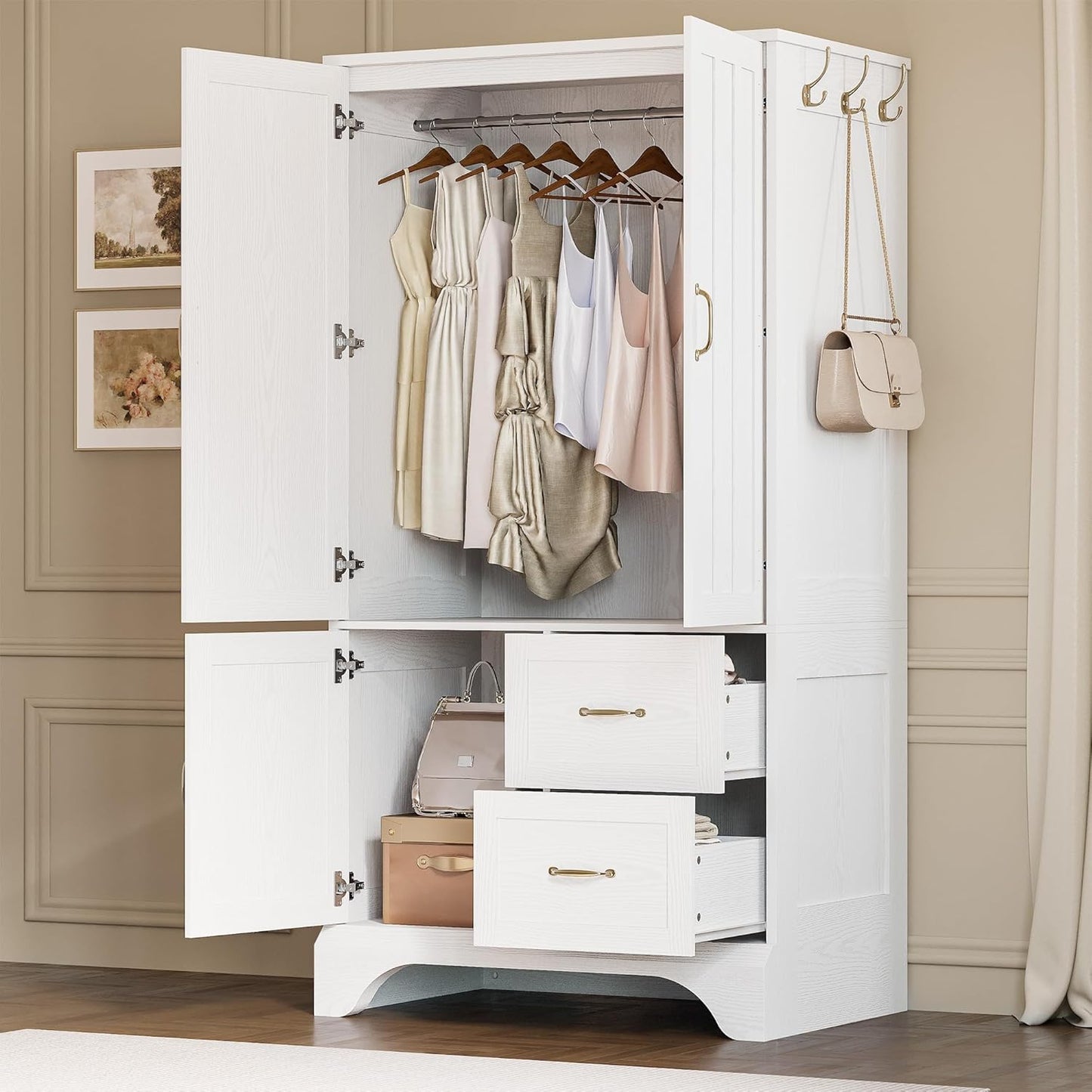 Armoire Wardrobe Closet with Mirror and 3 Doors and 2 Drawers, Bedroom Wooden Armoire Storage Cabinet Combination with Hanging Rod for Bedroom, White