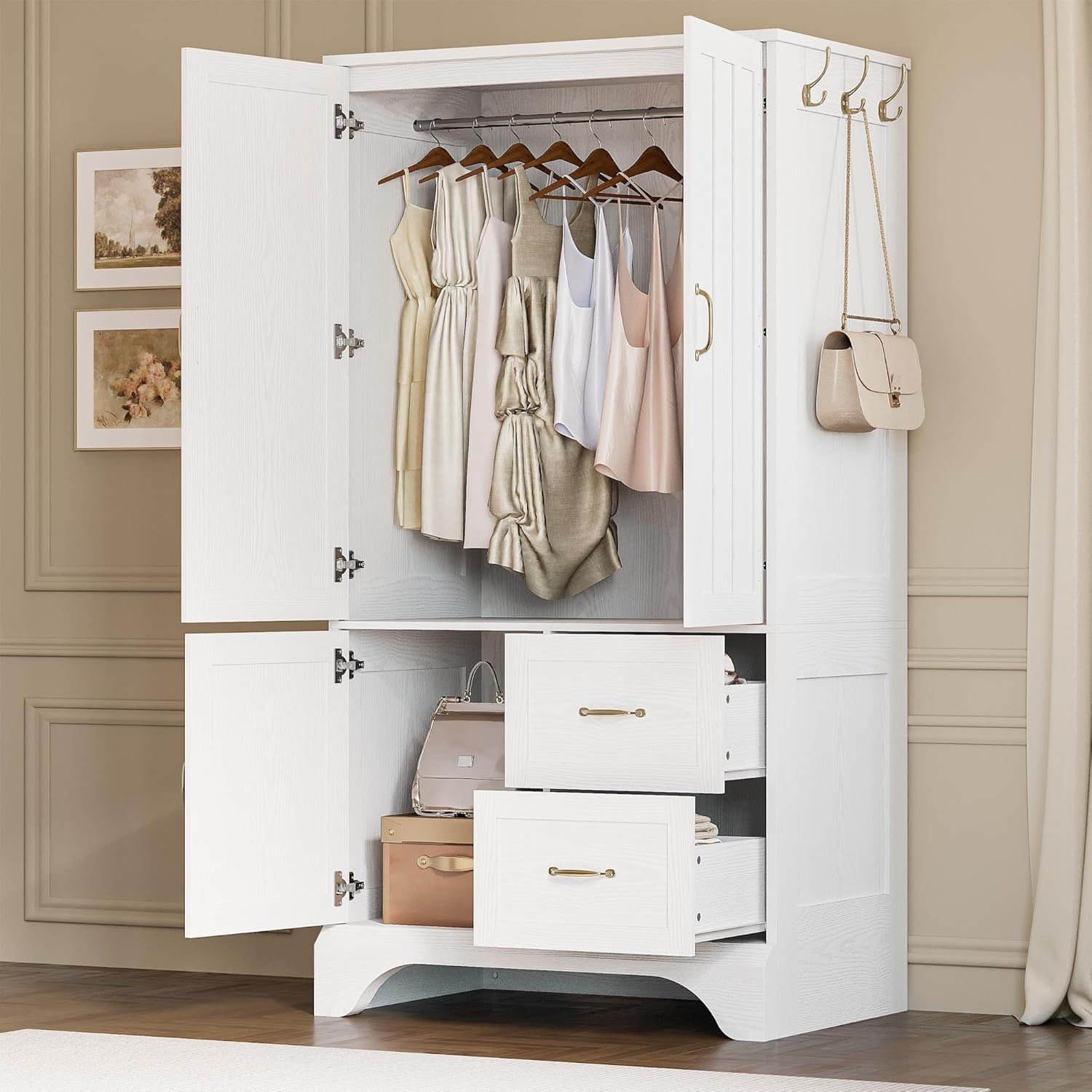 Armoire Wardrobe Closet with Mirror and 3 Doors and 2 Drawers, Bedroom Wooden Armoire Storage Cabinet Combination with Hanging Rod for Bedroom, White