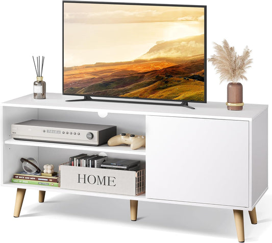 TV Stand for 55 Inch Tvs, Entertainment Center with Storage Cabinet, Mid-Century TV Stands for Living Room and Bedroom, 50" TV Console, White