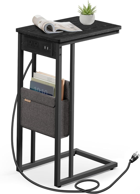 C-Shaped Side Table, End Table with Charging Station, 2 USB Ports and Outlets, C Table for Couch, Sofa, with Storage Bag, Adjustable Feet, for Bedroom, Living Room, Ebony Black ULET356B01