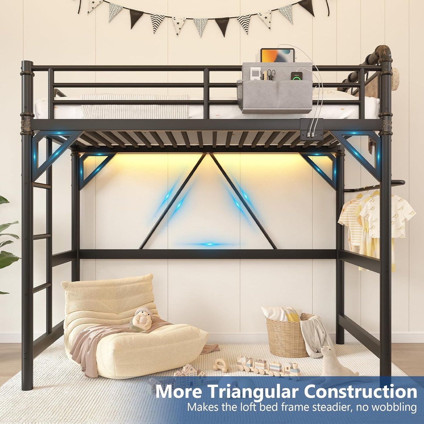 Twin Size Loft Bed with LED Lights and Charging Station, Industrial Heavy Duty Metal Loft Bed Frame with Ladder and Guardrail for Kids Adults, Small Space Saving Design for Bedroom Dorm, Black