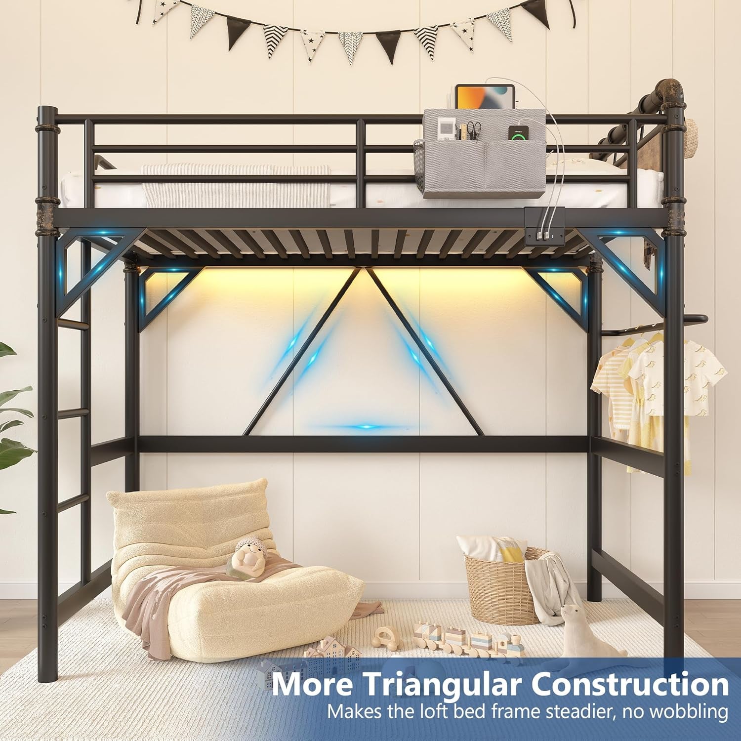 Twin Size Loft Bed with LED Lights and Charging Station, Industrial Heavy Duty Metal Loft Bed Frame with Ladder and Guardrail for Kids Adults, Small Space Saving Design for Bedroom Dorm, Black