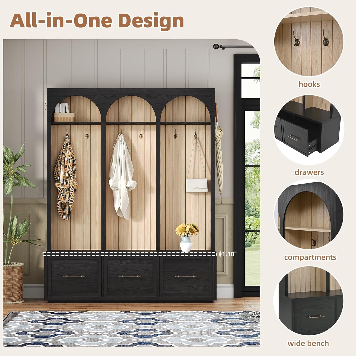 59" Wide Rustic Coat Rack & Shoe Organizer, Farmhouse Hall Tree with Arched Design,Entryway Bench with 3 Drawers, 8 Retro Hooks for Mudroom, Living Room, Black, 74.8" H