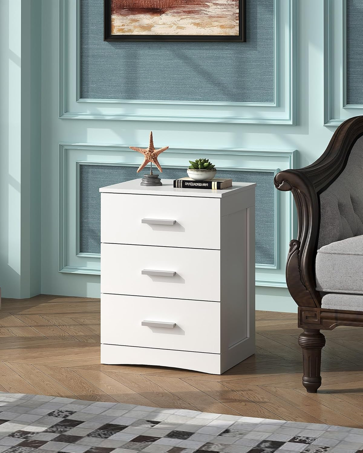 White Night Stand, Wood Nightstand with 3 Drawers, Bed Side Table for Bedroom, Living Room, Dorm, Modern Minimalist Bedside Table