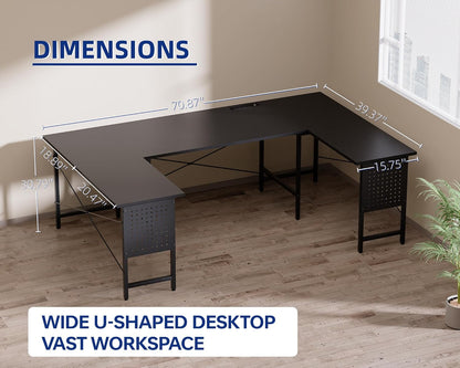 71 Inch Large Computer Desk with Power Outlets,U Shaped Corner Desk for Home Office Work and Gaming Black
