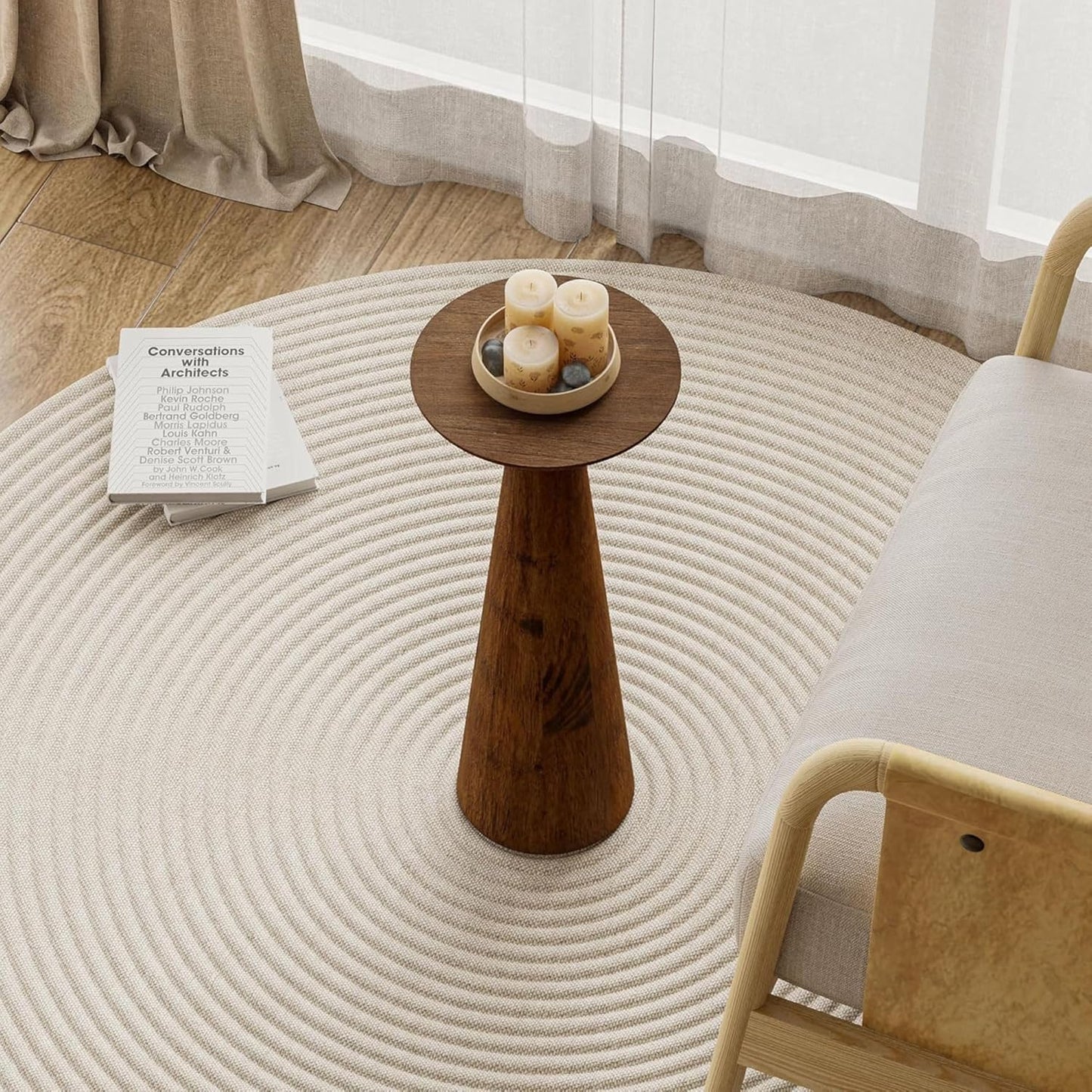 22.8” Tall round Martini End Table, Walnut – Solid Pine Wood Pedestal Accent Drink Stand with Tapered Base – Farmhouse Modern Furniture for Living Room, Bedroom & Small Spaces