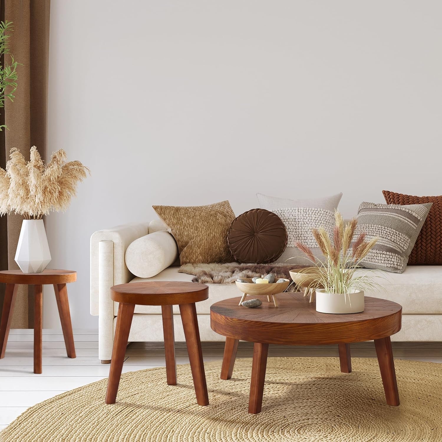Farmhouse round Coffee Table Set of 3, Boho Sofa Side Nesting Tables End Table Set with Wood Natural Finish for Living Room, Bedroom, Home Office,Brown