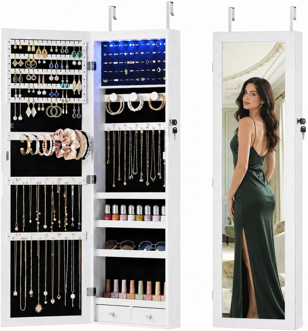Jewelry Armoire, 47.2" Tall Lockable Jewelry Organizers and Storage Cabinet with Full-Length Mirror, 6 Leds Mirror Jewelry Cabinet, Wall or Door Mounted Jewelry Storage for Women Bedroom, Gift Idea