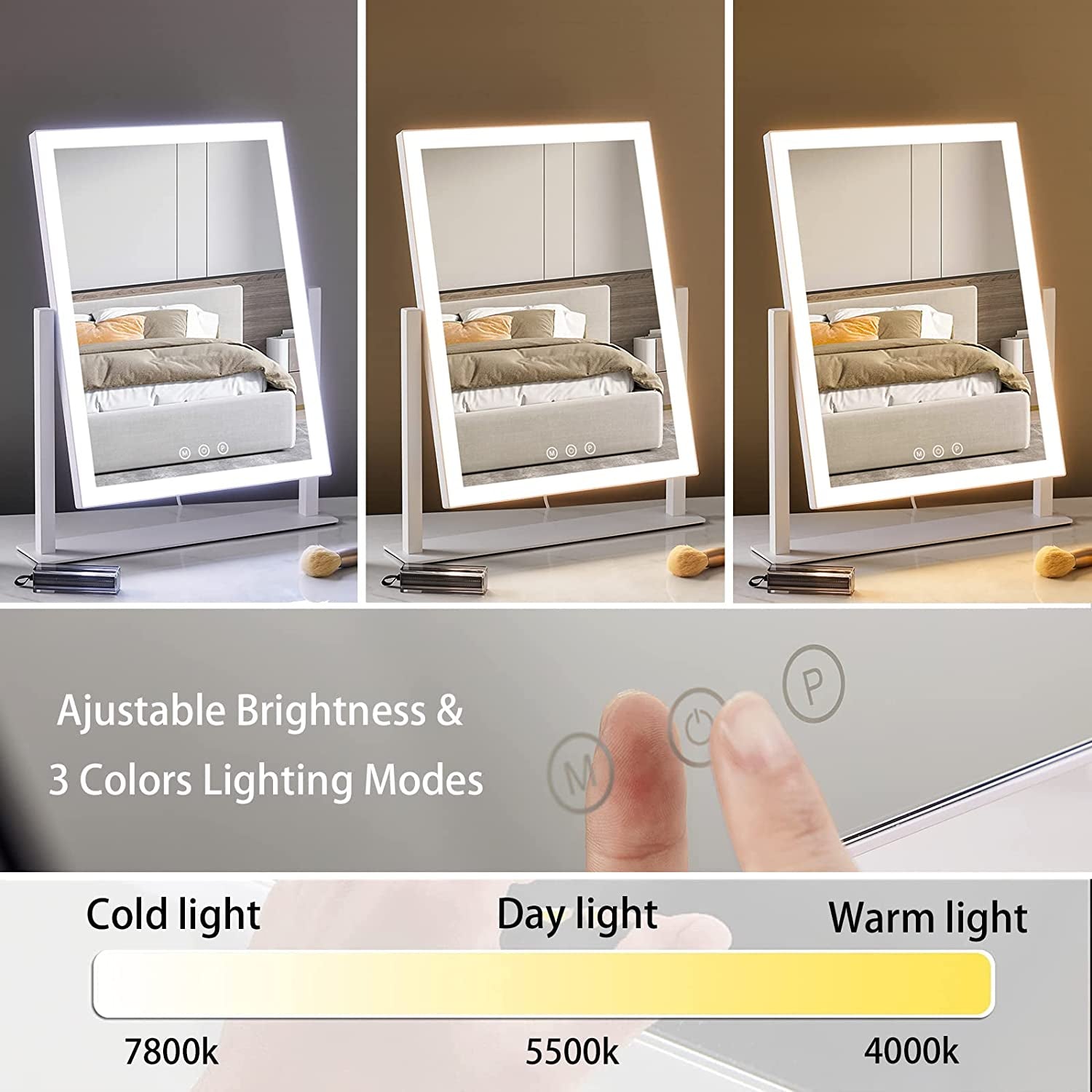 Lighted Makeup Mirror, Hollywood Vanity Mirror with Lights, Three Color Lighting Modes, and 5X Magnification Mirror, Smart Touch Control, 360°Rotation (17.3In,White,Gift Box)