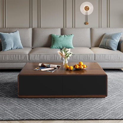 Modern Coffee Table for Living Room, 51 Inch Square Coffee Table with Storage, 4-Drawers Wood Table, Full-Assembled, Walnut and Black