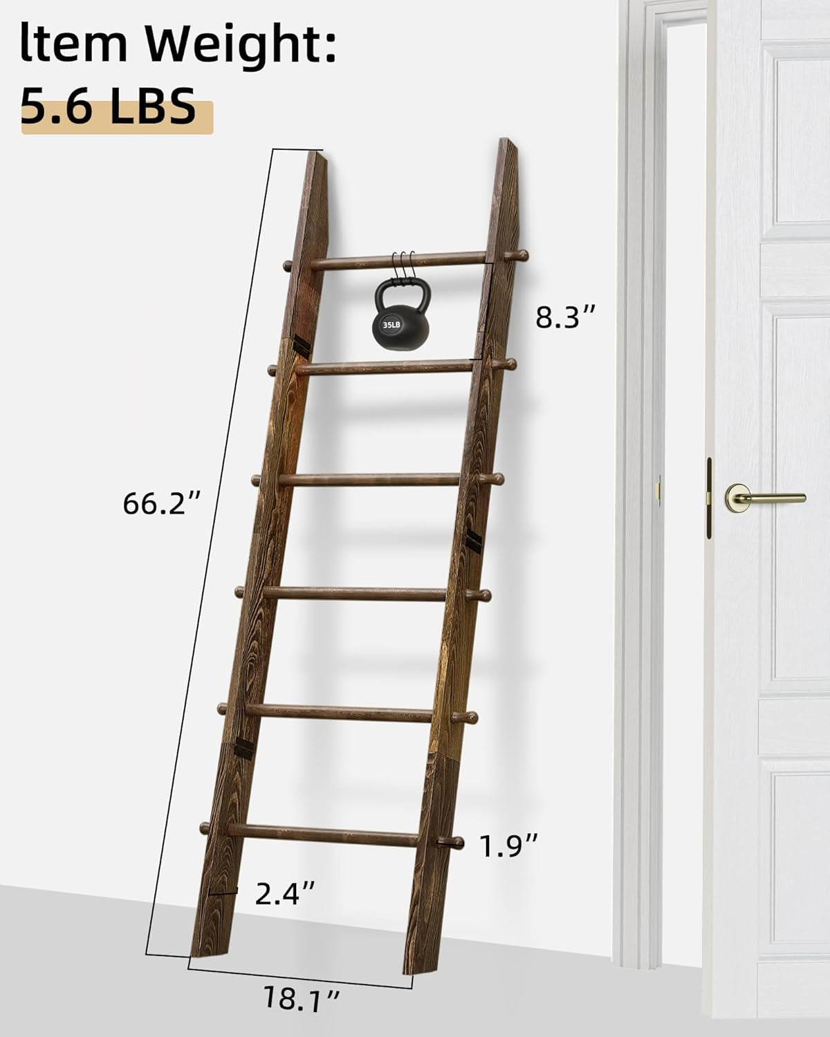 6-Tier Blanket Ladder with Hanging Knobs,5.5 Ft Wall Leaning Blanket Ladders for Living Room Bedroom,Rustic Decorative Storage for Quilts,Throws,Easy to Assemble,Rustic Brown