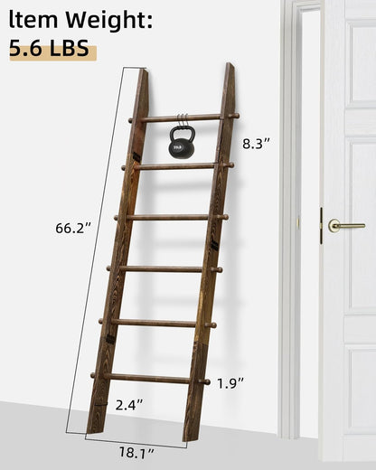 6-Tier Blanket Ladder with Hanging Knobs,5.5 Ft Wall Leaning Blanket Ladders for Living Room Bedroom,Rustic Decorative Storage for Quilts,Throws,Easy to Assemble,Rustic Brown