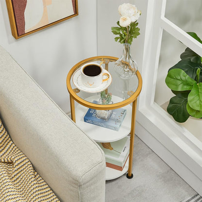 Glass Side Table, Tempered Glass Small round Side Table with 3-Tier Storage Shelves for Small Spaces, Modern Glass round End Table for Living Room, Bedside Nightstand for Bedroom (White+Gold)