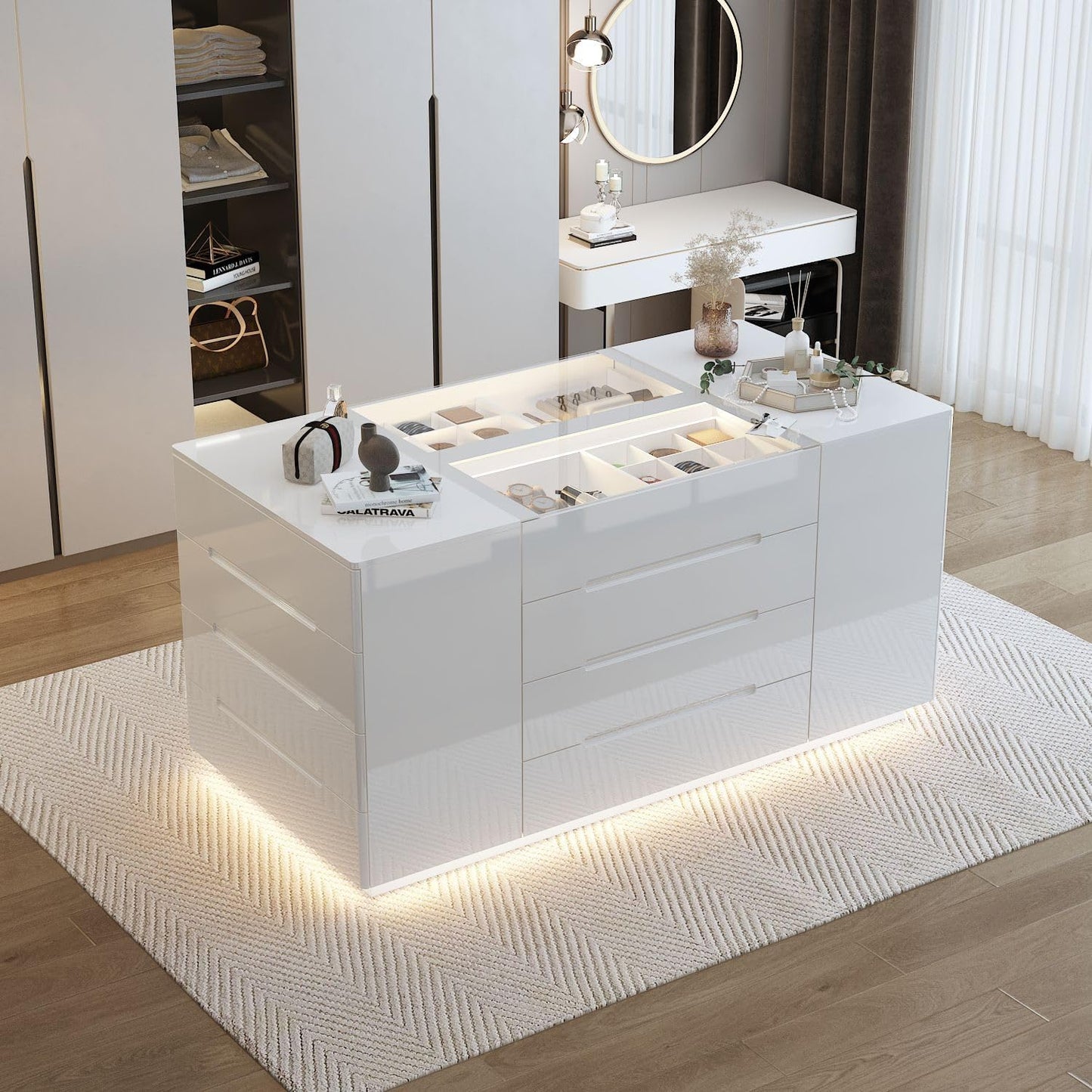 Armoire Bedroom Island Wardrobe Closet Island with 16 Drawers & Glass Tabletop, Island Dresser with Jewelry Organizer, Closet Island for Cloakroom White (63”W X 31.5”D X 31.5”H)