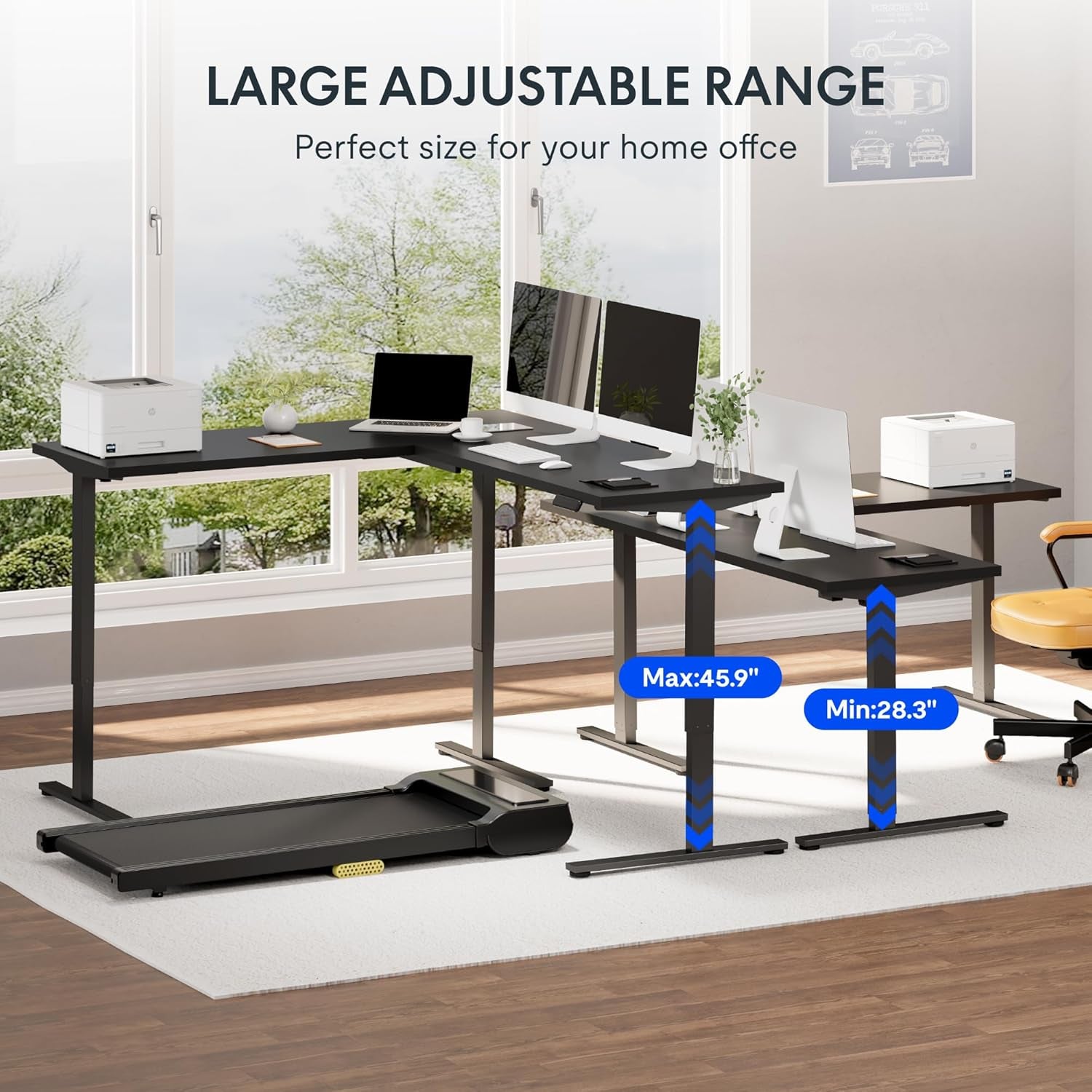 L Shaped Standing Desk, 63 X 55 Inch Electric Height Adjustable Corner Desk, Sit Stand Computer Workstation, Preset Controller, Home Office, Black Frame with Black Top